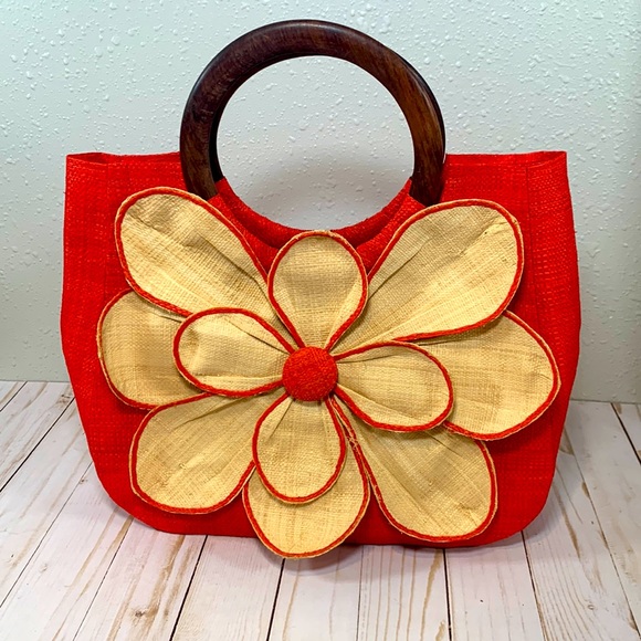 Handbags - Mar y sol straw handbag with wood handles orange